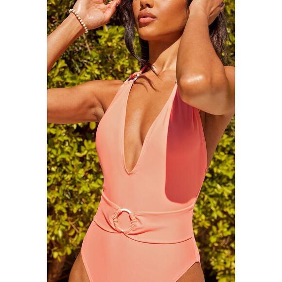 Lulus Vacation Calling Coral Pink O-Ring One-Piece Swimsuit - Picture 2 of 9